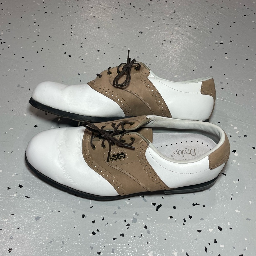 Foot-joy DryJoys Mens Golf Shoes Metal Spikes Size 11 White Brown - Picture 3 of 9